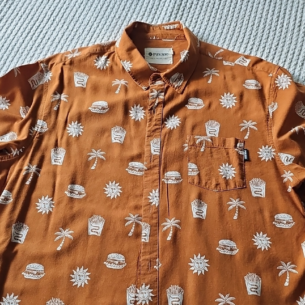 Kong Rust Orange Short-Sleeve Button-Up with White Tropical & Food Print